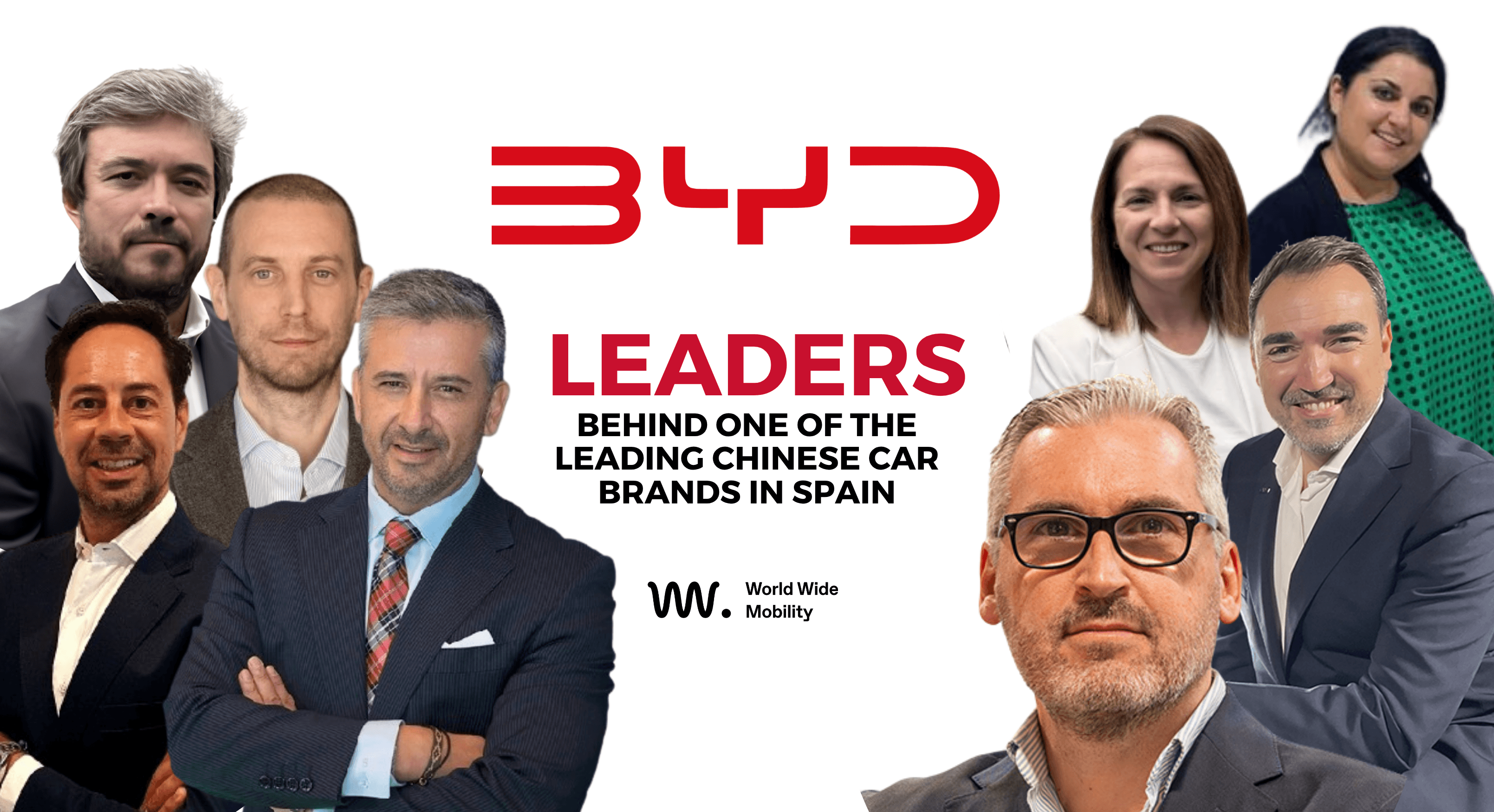 Cover image with nine BYD Spain executives next to the brand logo, illustrating the company's growth in the Spanish market.