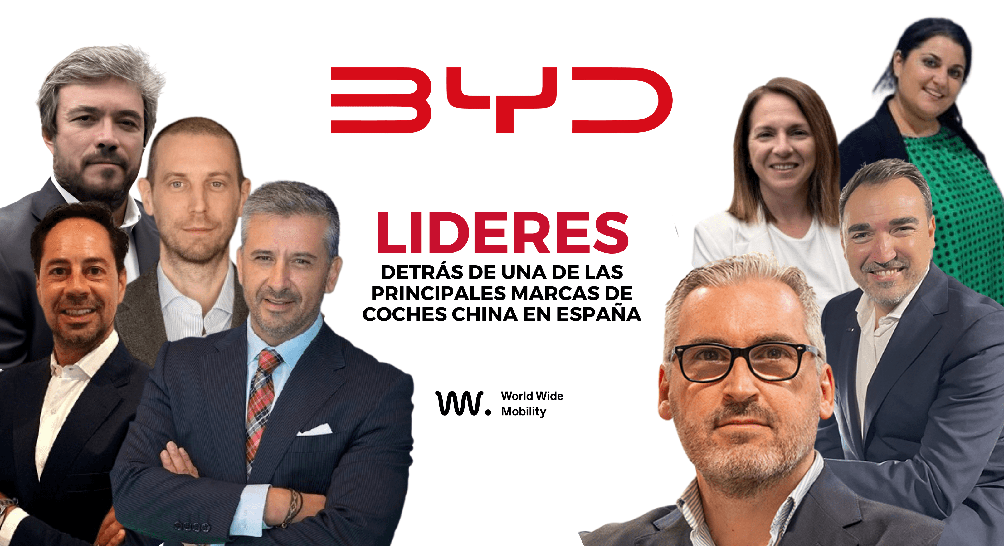 Portada con nueve directivos de BYD España junto al logo de la marca, sobre el crecimiento de BYD en el mercado español.