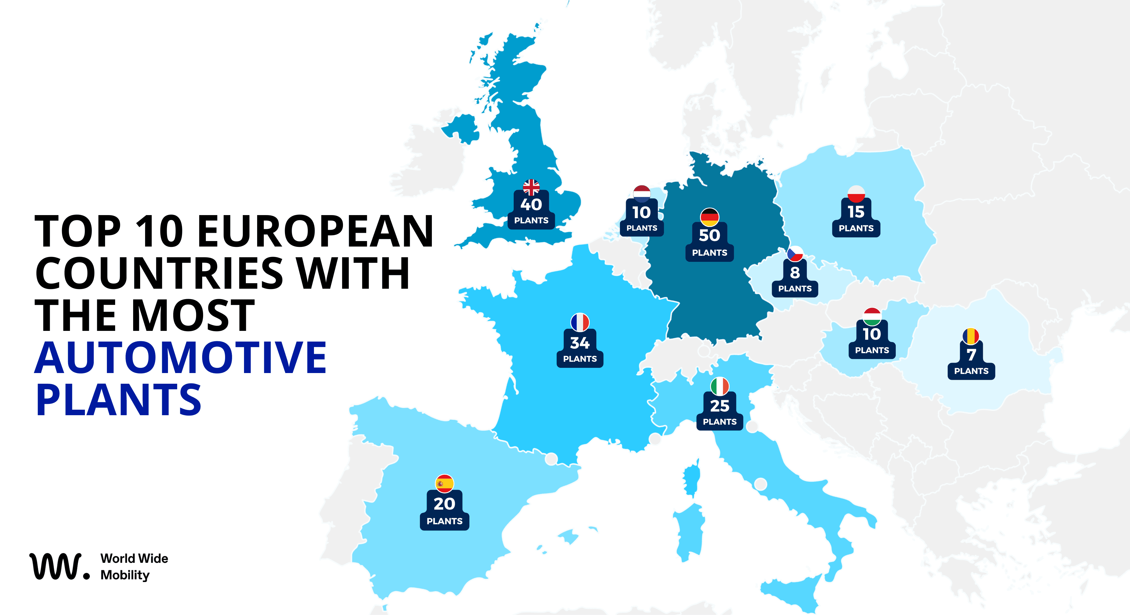 Blog cover with a map of Europe highlighting the countries with the most automotive plants and the title "Top 10 European countries with the most automotive plants".