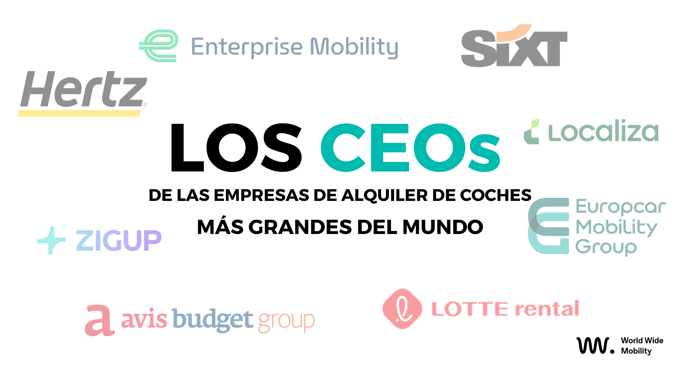 Logotipos de las principales empresas de alquiler de coches del mundo, incluyendo Hertz, Enterprise Mobility, Sixt, Localiza, Europcar Mobility Group, Avis Budget Group, Zigup y Lotte Rental, en un gráfico sobre los CEOs que lideran la industria global de