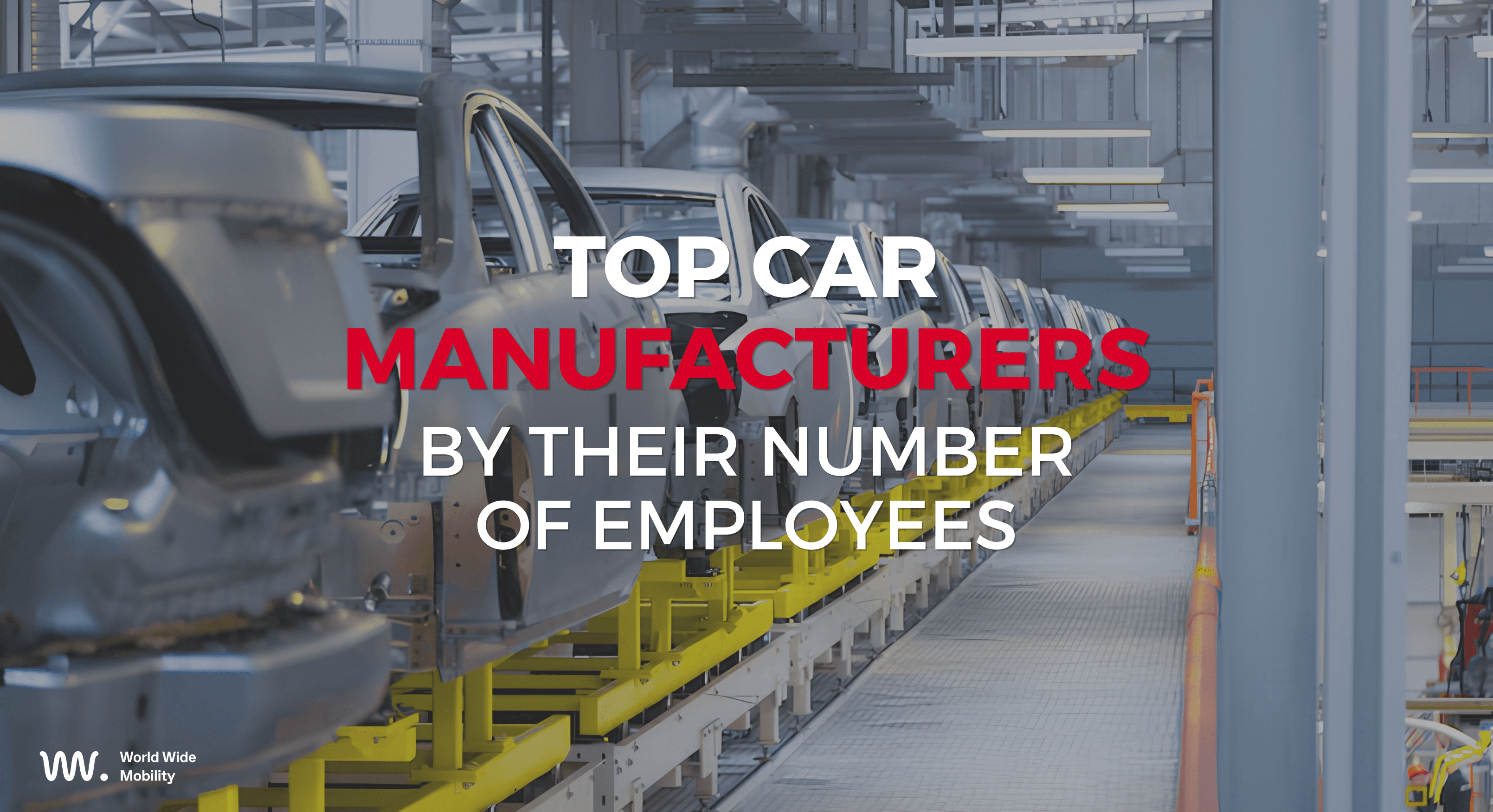 Car assembly line in a modern automotive factory with the title "Top Car Manufacturers by Their Number of Employees" and the World Wide Mobility logo.