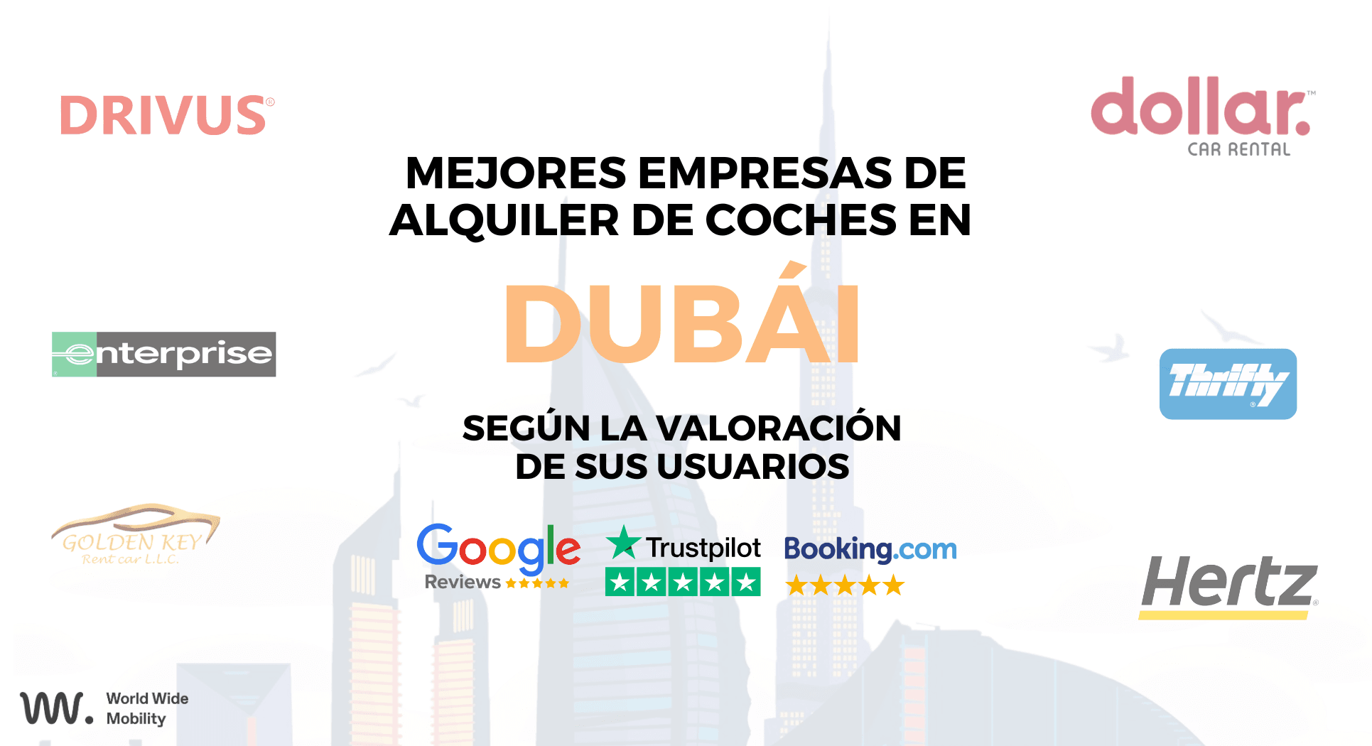 Gráfico con las principales compañías de alquiler de coches en Dubái, incluyendo Enterprise, Hertz, Thrifty, Dollar, Drivus y Golden Key, basado en valoraciones de usuarios.