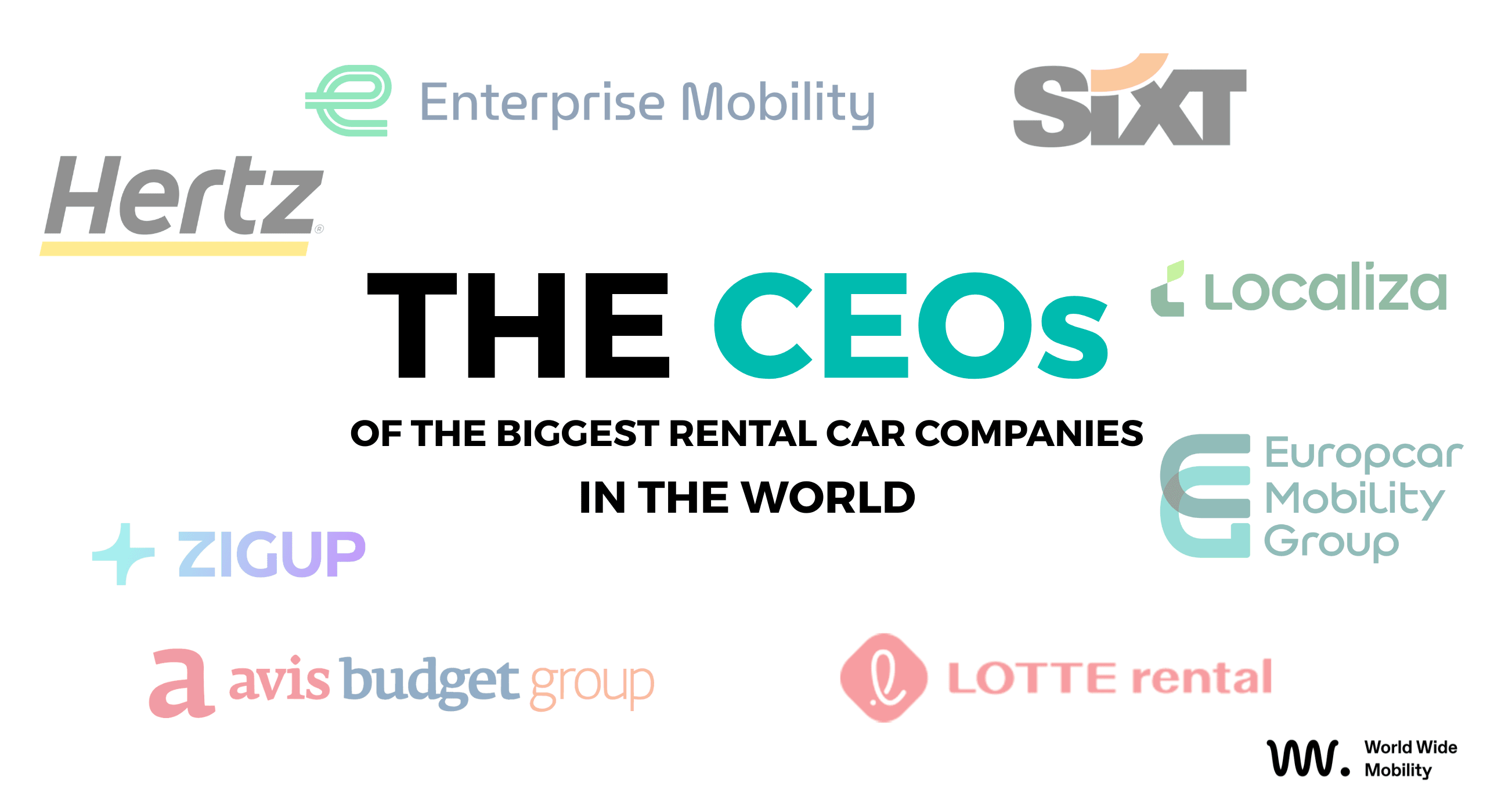 Logos of the world's largest car rental companies including Hertz, Enterprise Mobility, Sixt, Localiza, Europcar Mobility Group, Avis Budget Group, Zigup, and Lotte Rental featured in a graphic about the CEOs leading the global car rental industry.
