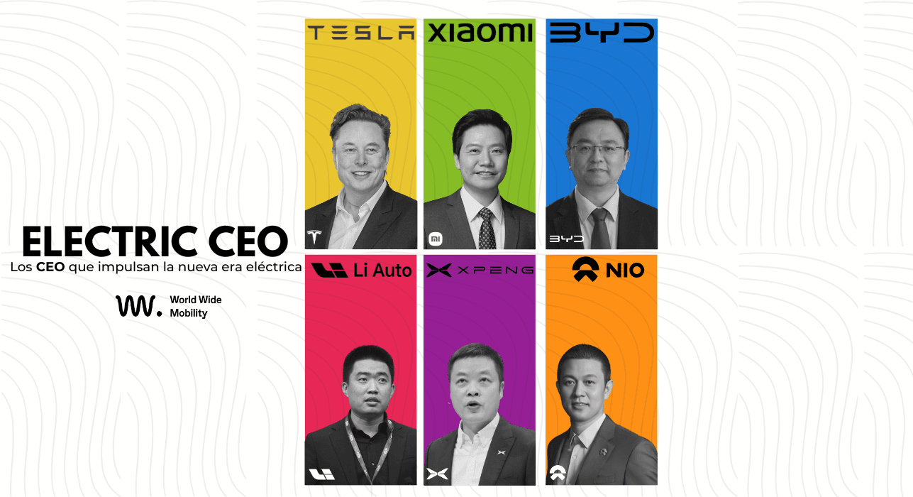 Retrato de los CEO de las principales marcas de coches eléctricos en 2025: Elon Musk (Tesla), Lei Jun (Xiaomi), Wang Chuanfu (BYD), Li Xiang (Li Auto), He Xiaopeng (XPeng) y William Li (NIO). Imagen de World Wide Mobility sobre líderes globales de la movi