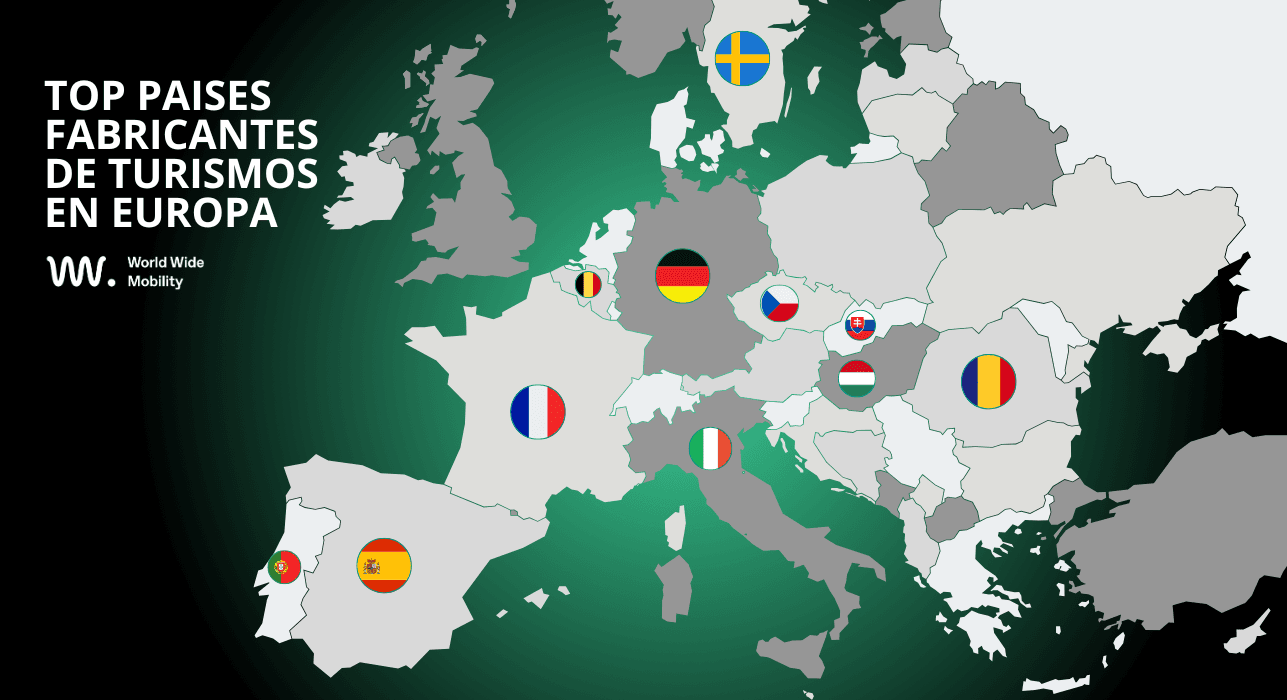 imagen que muestra un mapa de europa con la bandera de los países que más turismos fabrican