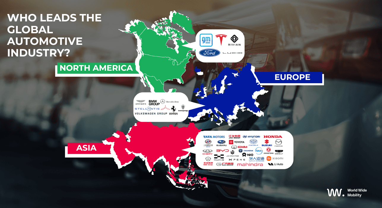 Distribution of global car manufacturers’ headquarters in 2025, showing Asia, Europe, and North America leadership